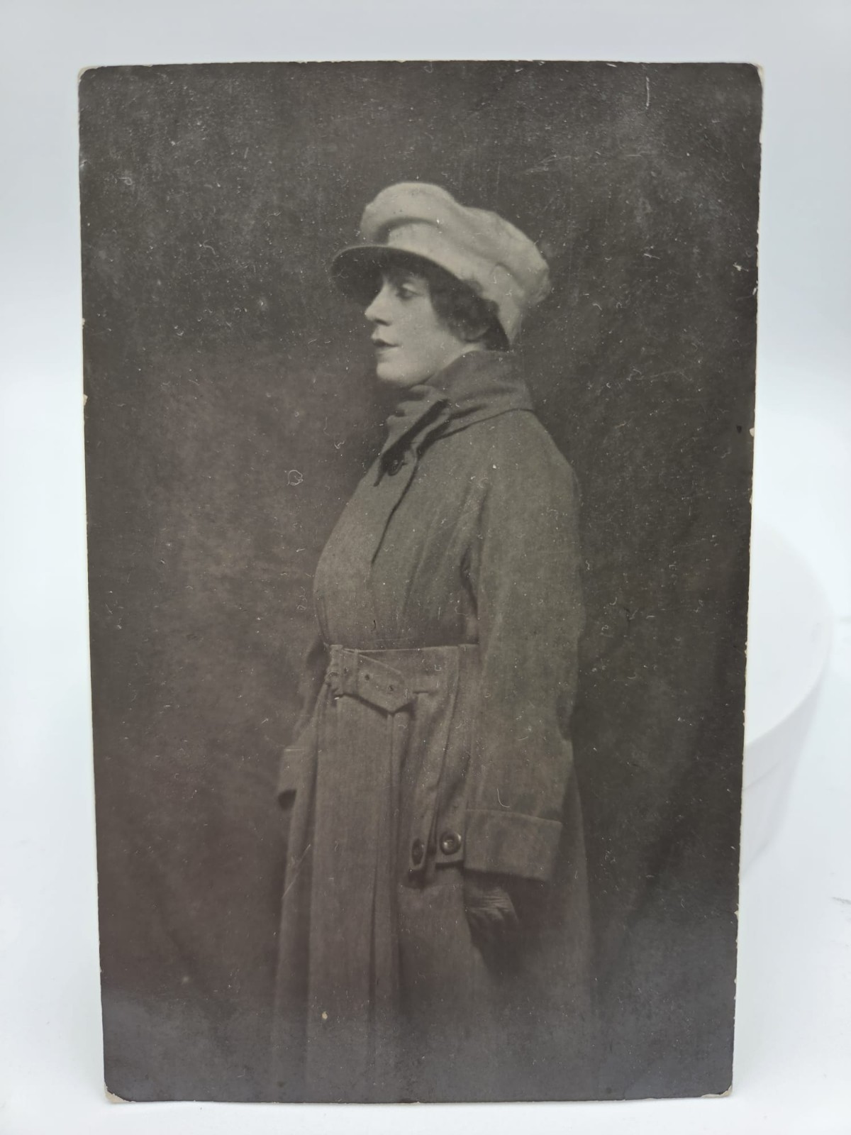 Russia Antique Real Photo Postcard RPPC Woman Belted Coat Cap 1910s Fashion