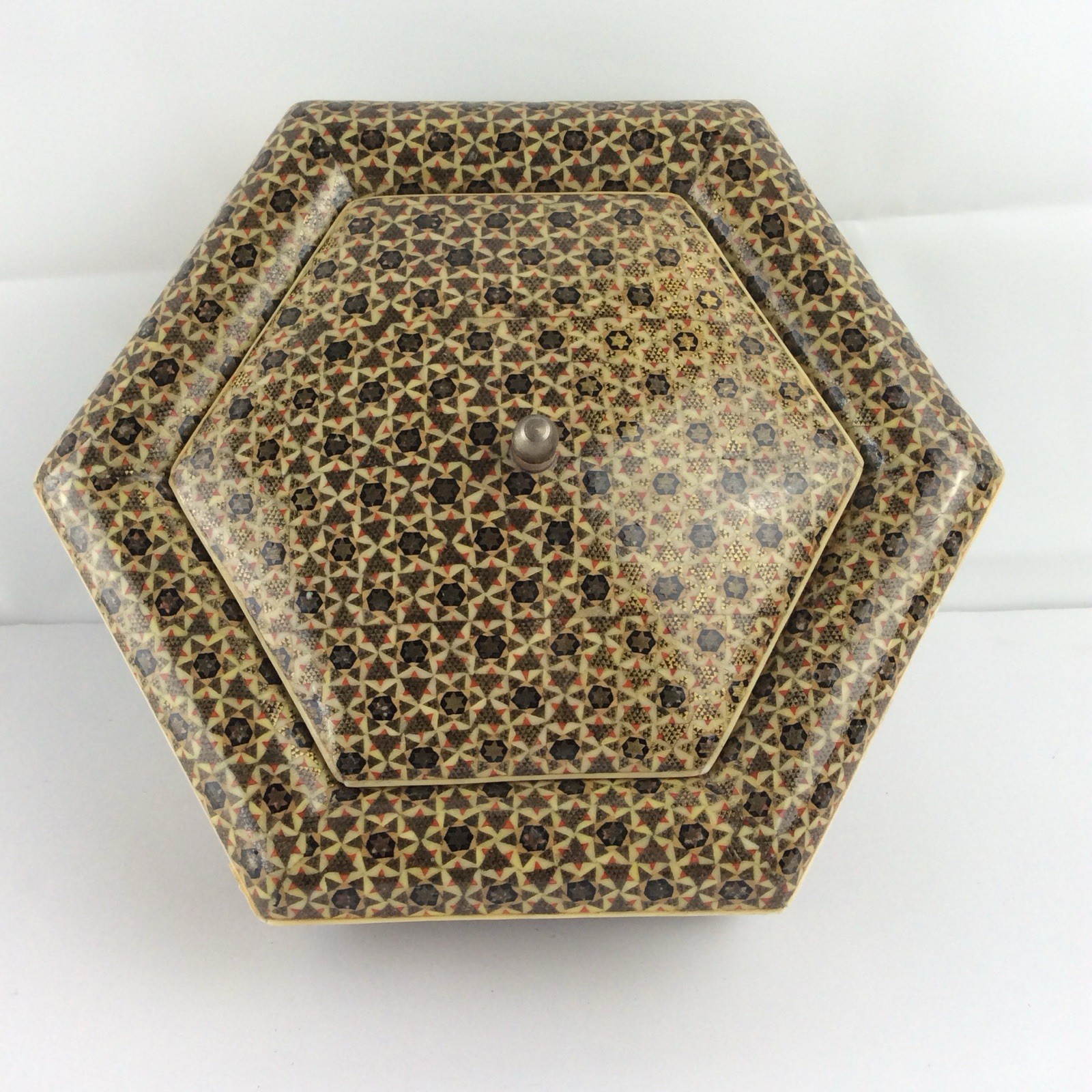 Vintage Persian Khatam Kari Hexagonal Inlaid Marquetry Lidded Box 6.5\