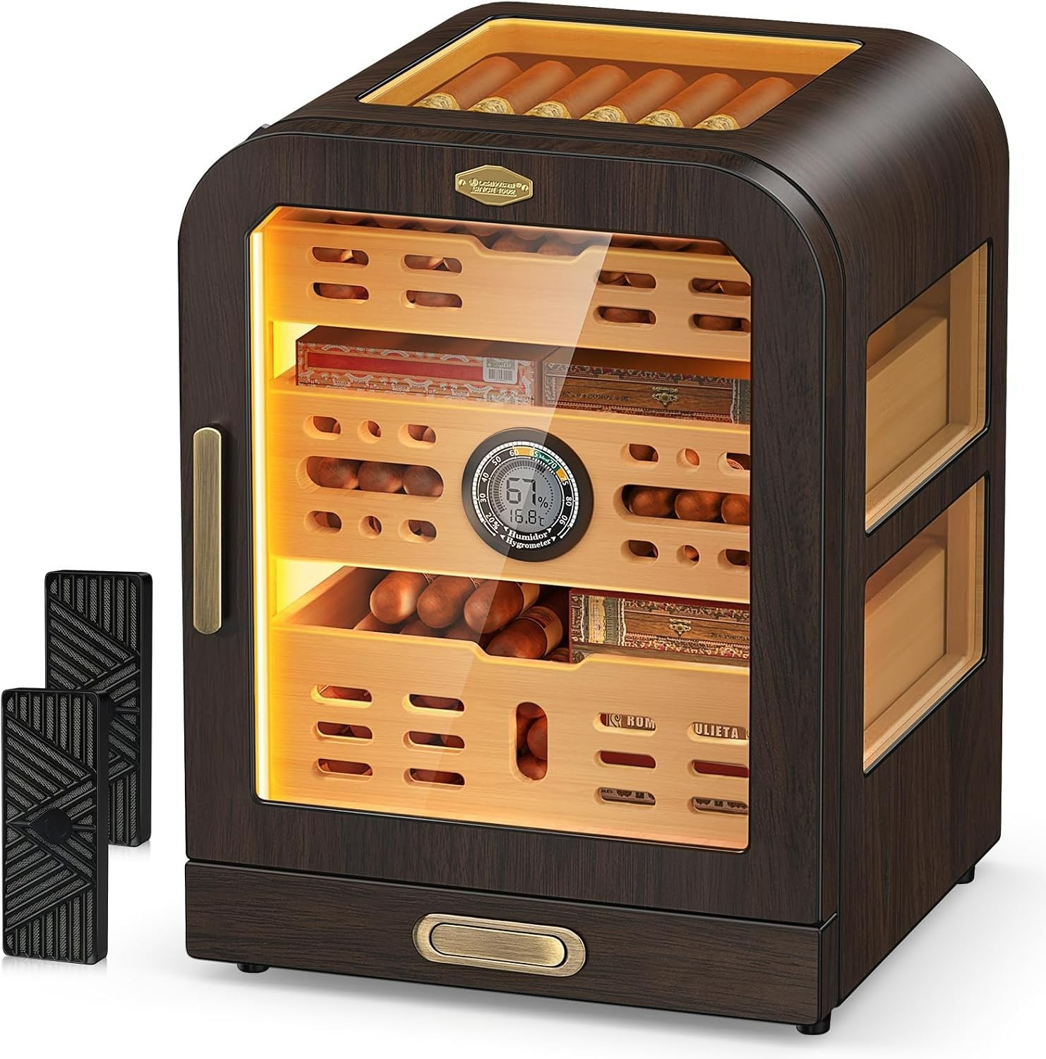 Cigar Humidor, 4 Side Windows humidor Cigar Box, Cedar Wood Drawer Humidor, with