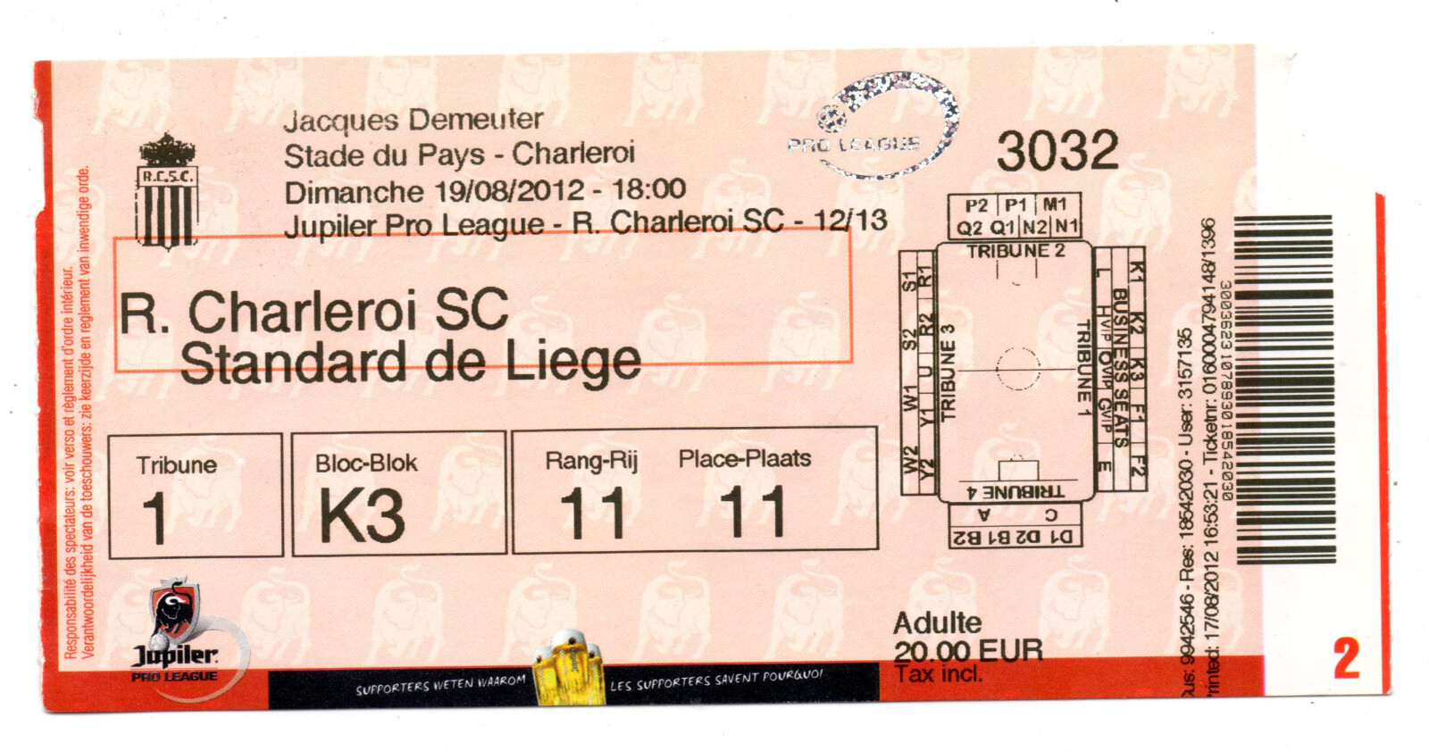 Ticket BEL SC Charleroi - Standard Liège 19.08.2012