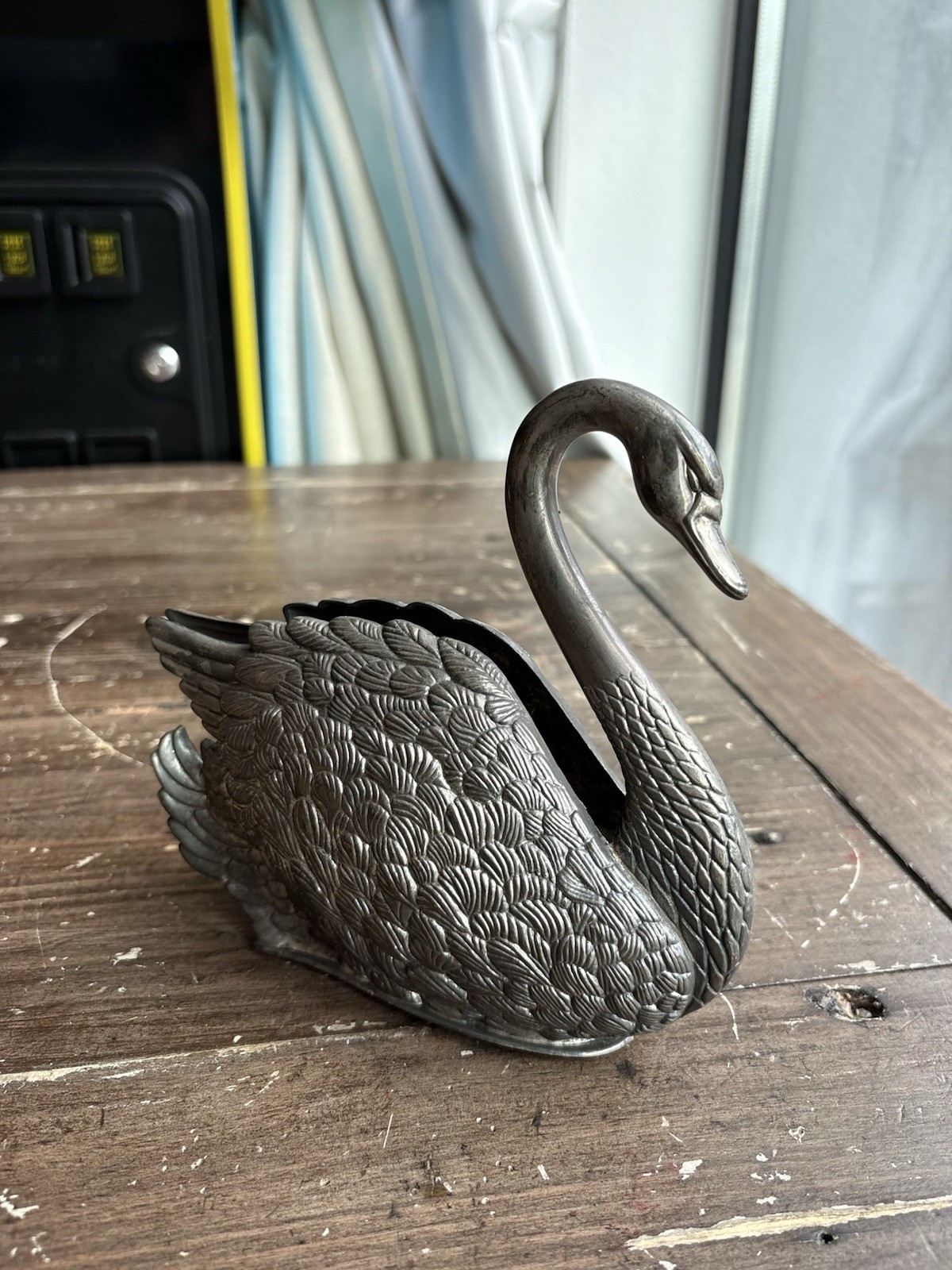 Vintage Long Neck Metal Swan Planter, Silver Tone Beautiful Patina, 6\ Vintage Long Neck Metal Swan Planter, Silver Tone Beautiful Patina, 6\
