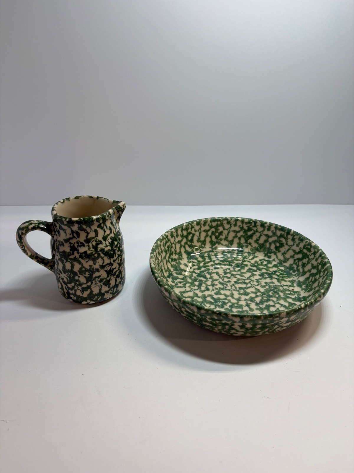 Vintage RRP Co Roseville Ohio Green Spongeware Bowl & Creamer Pottery Set