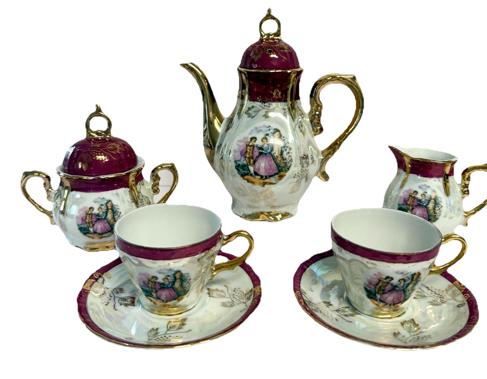 Japanese Opalescent Lusterware Demitasse Courting Couple Burgundy 9 Pc Set VTG
