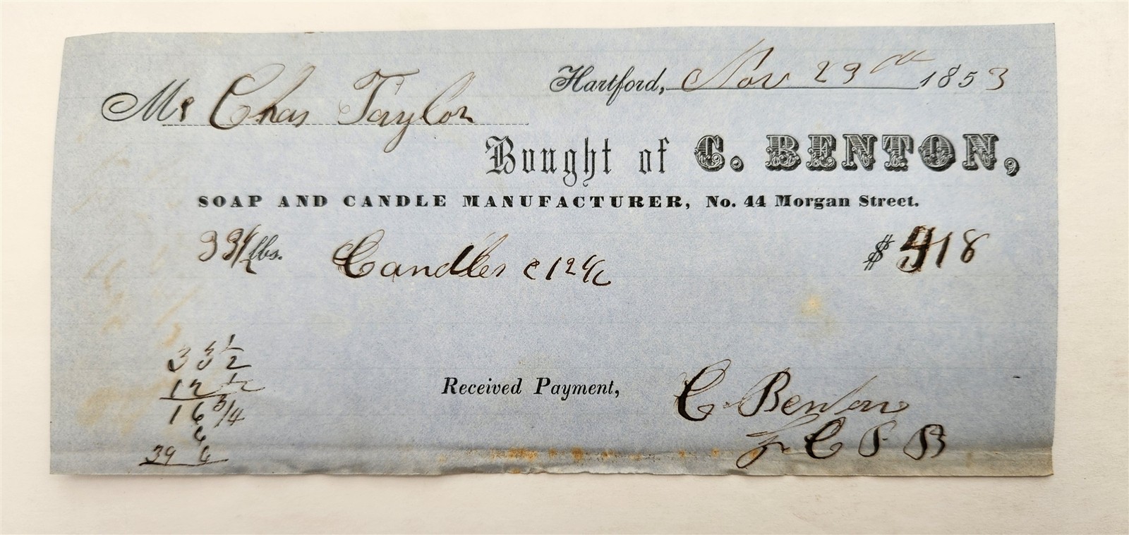 1853 antique C. BENTON hartford ct SOAP CANDLE MANUFACTURER chas taylor RECEIPT