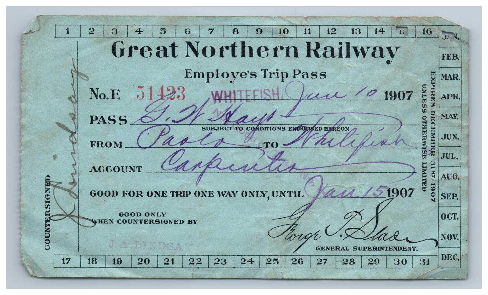 1907 Great Northern Railway Employe\'s Trip Pass Employee Train Antique Ephemera