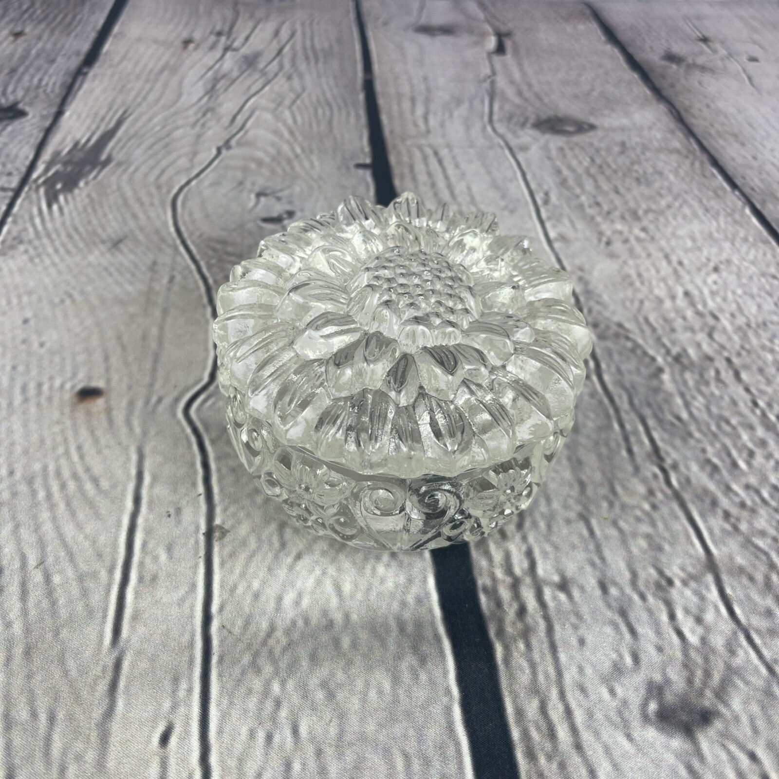 Vintage Bohemia Glass Trinket Box Dish Jewelry Clear Sunflower Czechoslovakia