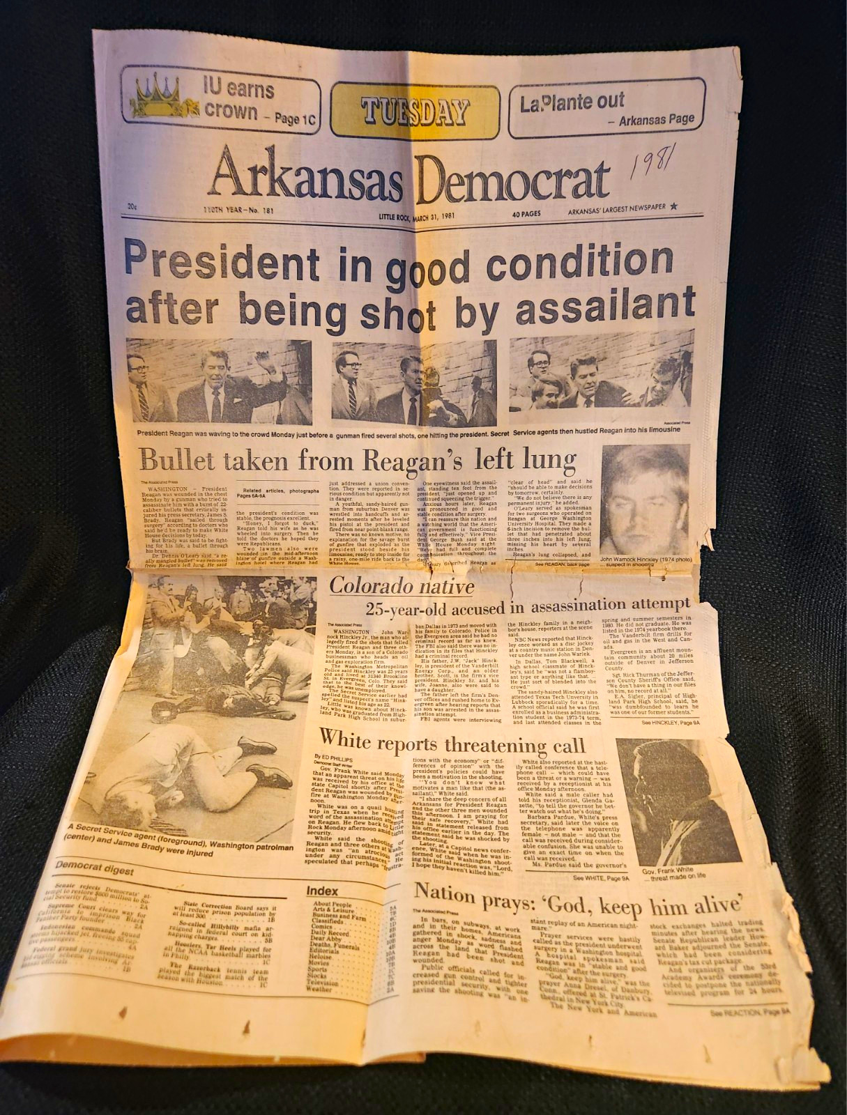 1981 Arkansas Democrat Newspaper Ronald Reagan Assassination Attempt Little Rock