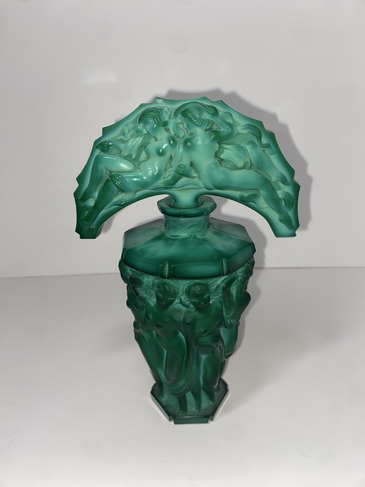 Lalique Hoffman Czech Bohemian Malachite Glass Perfume Bottle Bacchantes Nudes