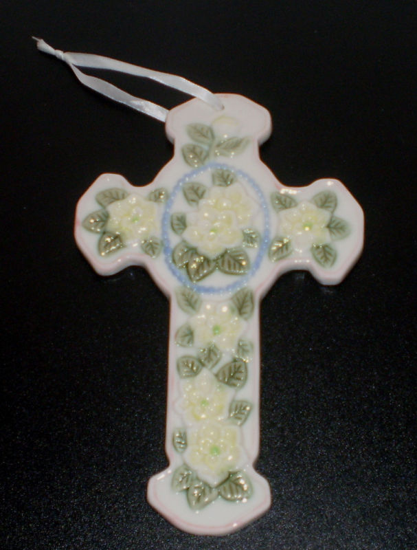~~PASTEL YELLOW FLOWER PORCELAIN CROSS PINK TRIMMED~~