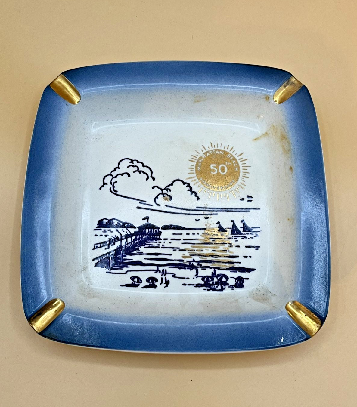 Manhattan Beach 50th Anniversary Ashtray Vintage California Souvenir Pier Blue