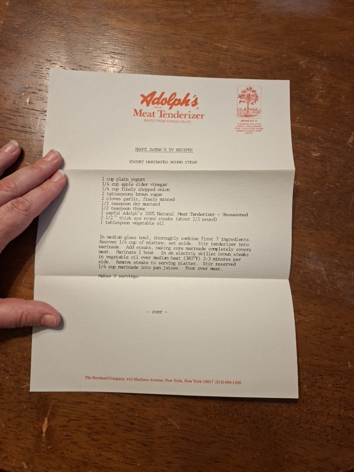 Vintage Adolph's Meat Tenderizer Recipe Card Naomi Sarna TV Recipes Ephemera