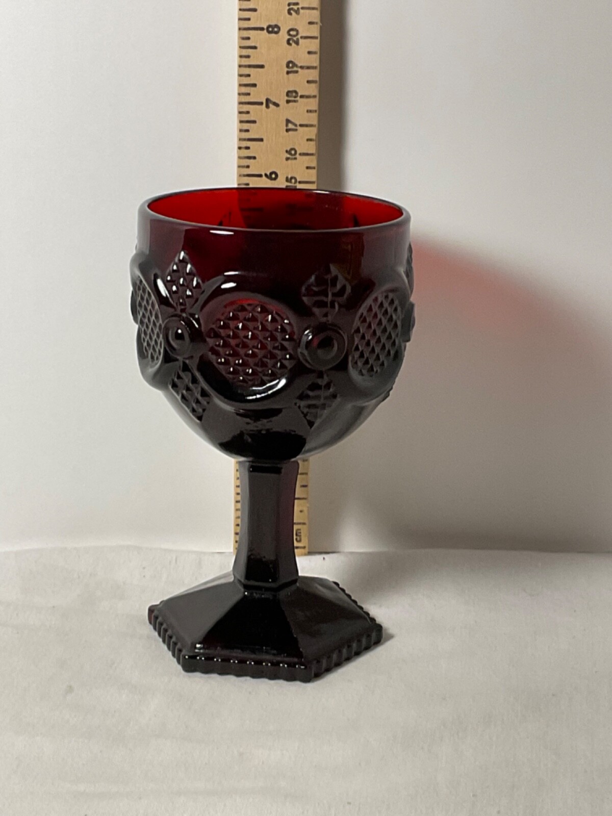 Avon stemmed goblet Ruby red glass Decorative design 6”