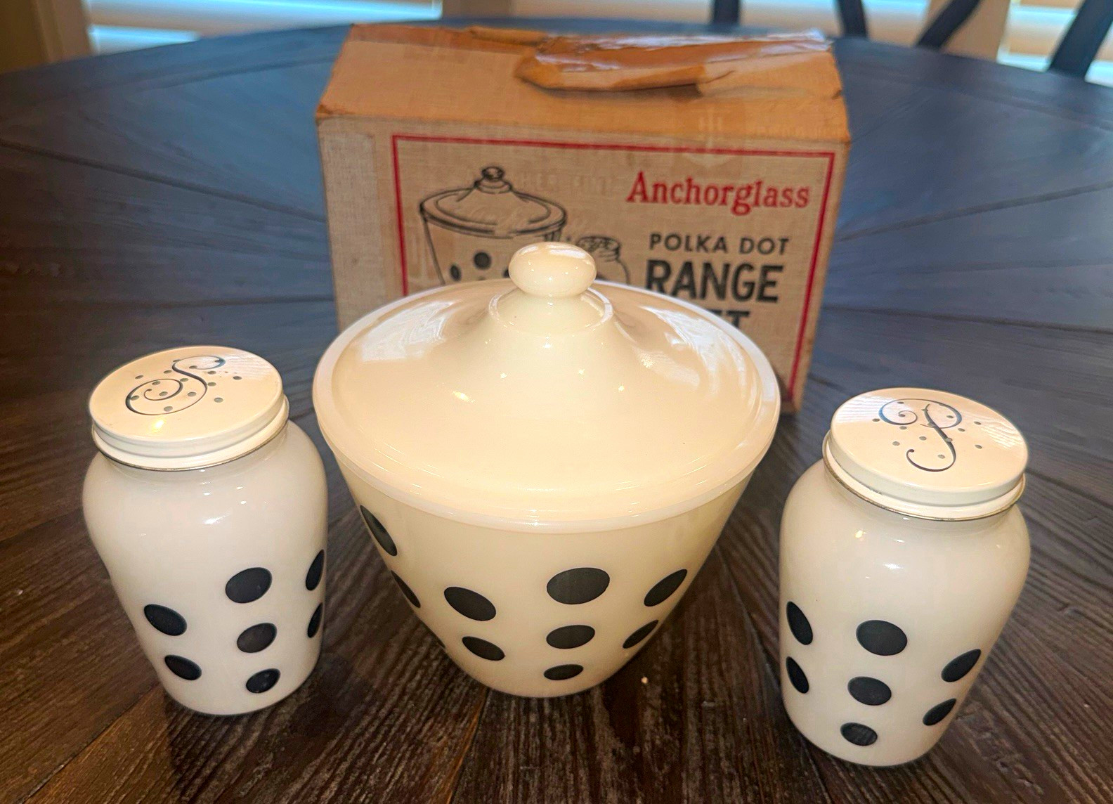 Anchorglass Polka Dot Fire King Grease Jar Salt & Pepper Shakers w/ original box
