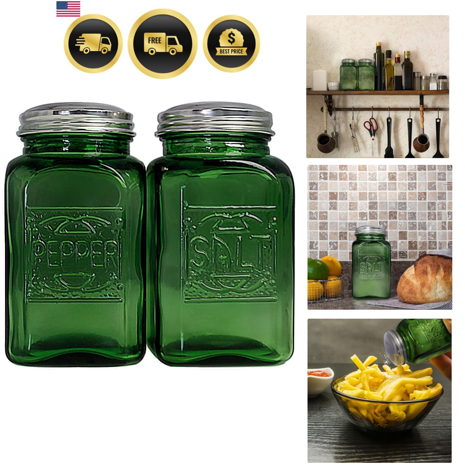 Depression Style Glass Salt and Pepper Shakers Green Depression Style Glass Salt and Pepper Shakers Green