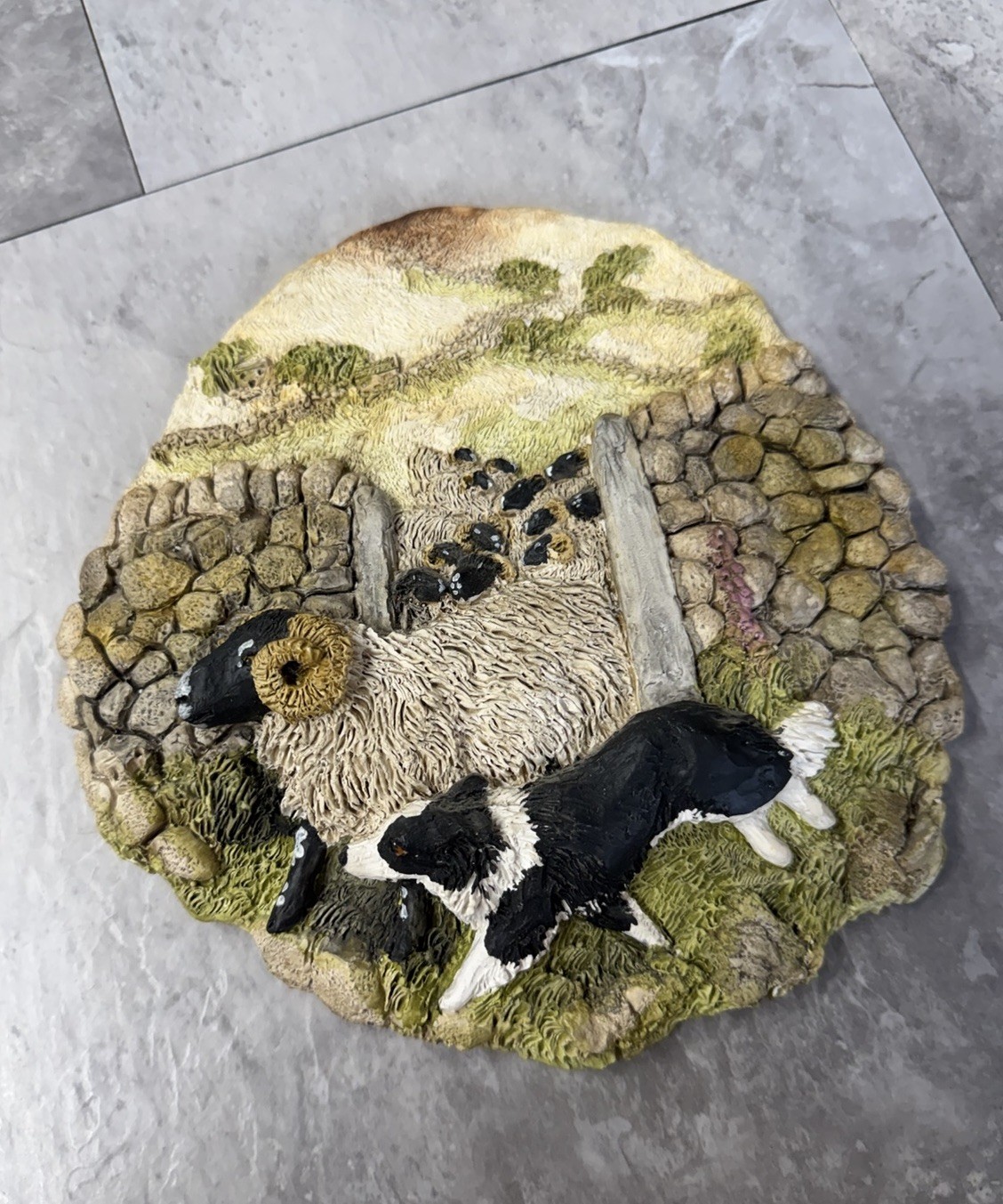 Vintage Stef’s Sheep And Working Dog Border Collie Wall Plaque Handmade Cast UK