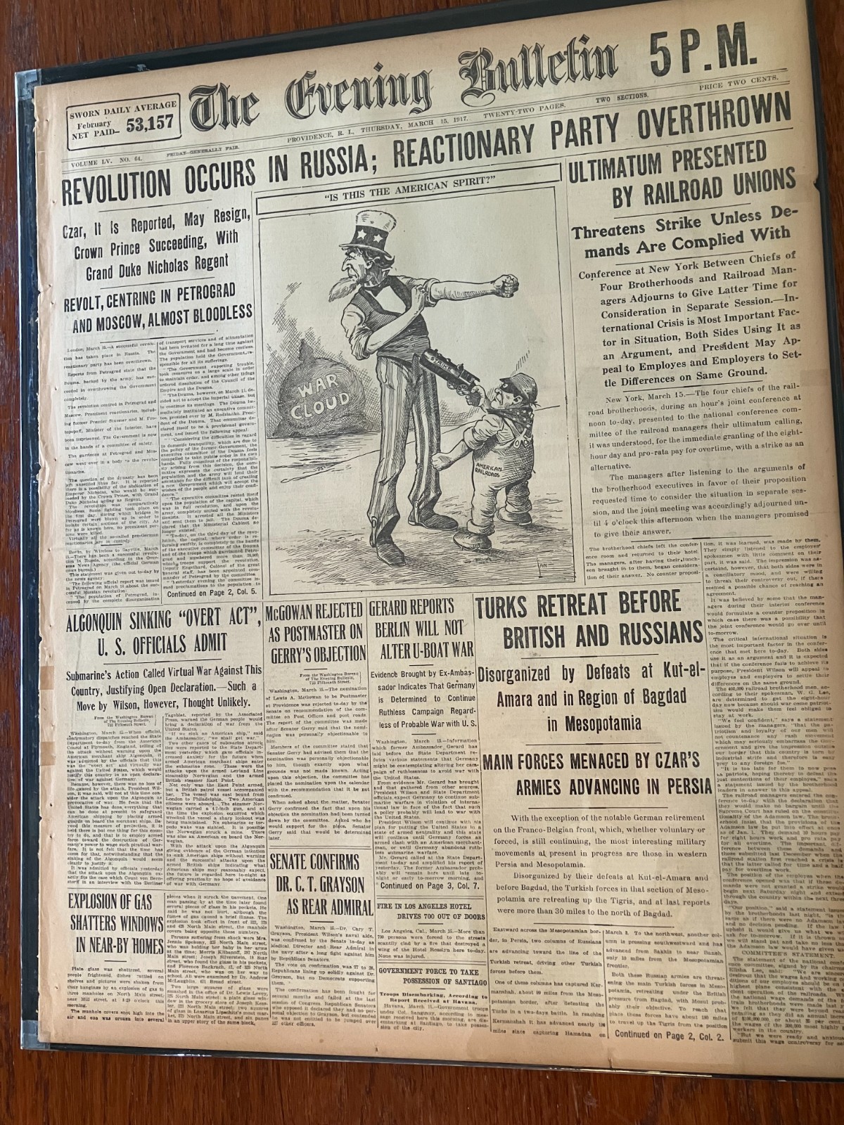 March 15, 1917 The Evening Bulletin Newspaper Russian Revolution Headlines March 15, 1917 The Evening Bulletin Newspaper Russian Revolution Headlines
