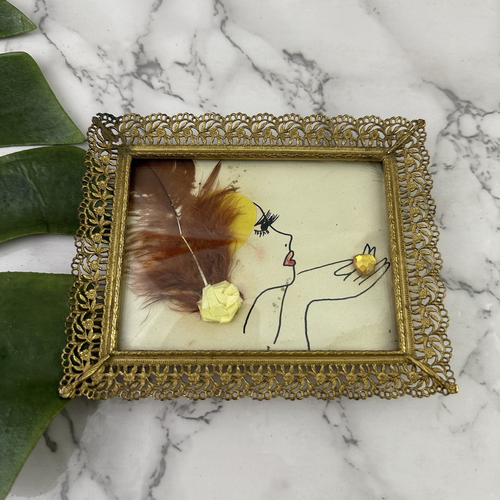 Vintage 70s Fliligree Picture Frame Gold Brass Floral Feather Art Flapper Girl