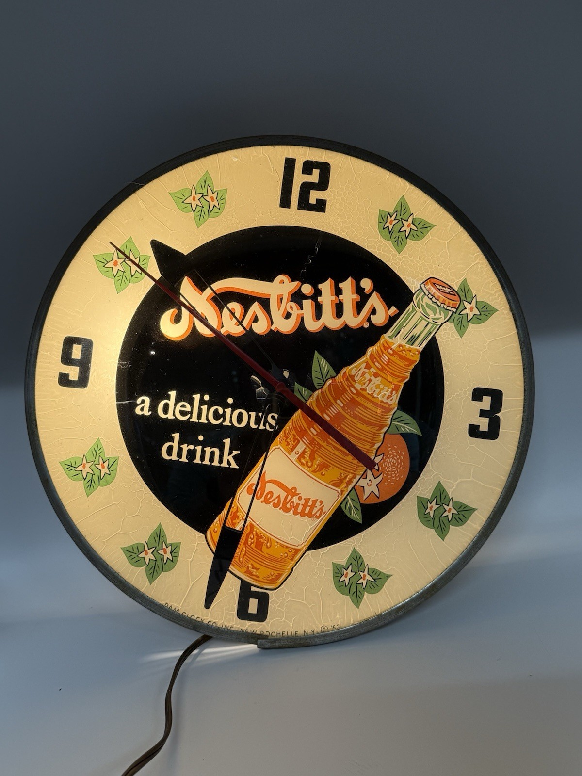 1956 Nesbitt’s Soda Pop Round Pam Lighted Cock Sign WORKING 1950s Advertising