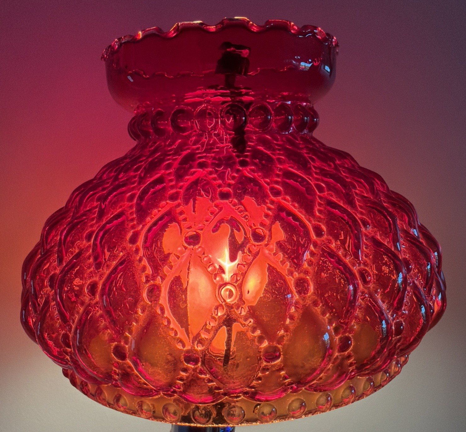 Vintage Fenton Ruby Red Diamond Quilted Glass Hurricane Lamp Shade Ruffled