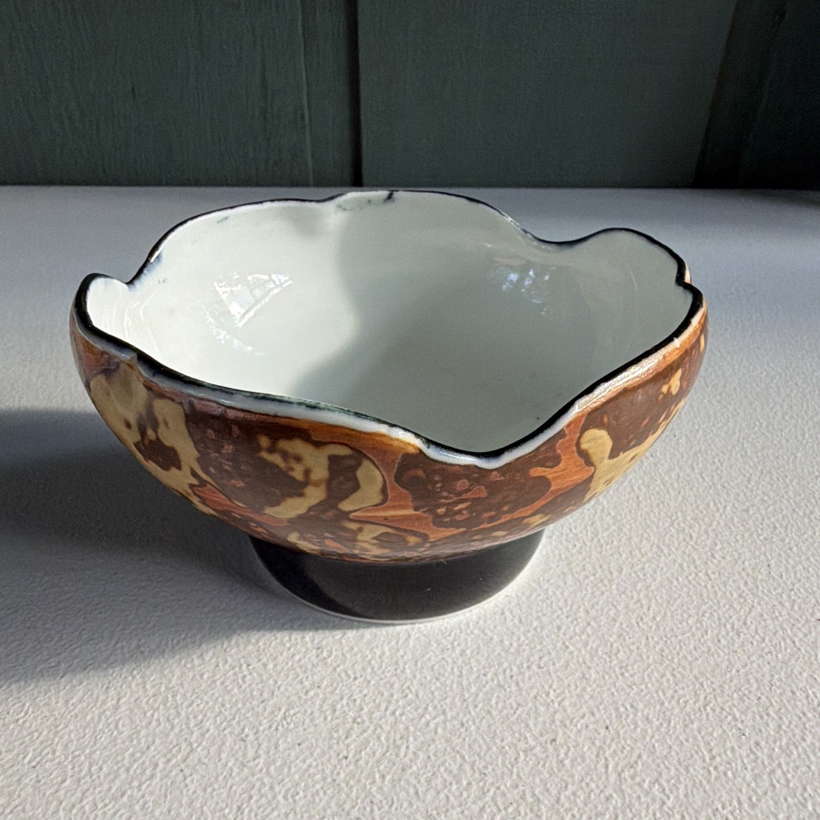 Vintage Koransha Tortoiseshell Marbled Ceramic Bowl Black Footed Arita Japan