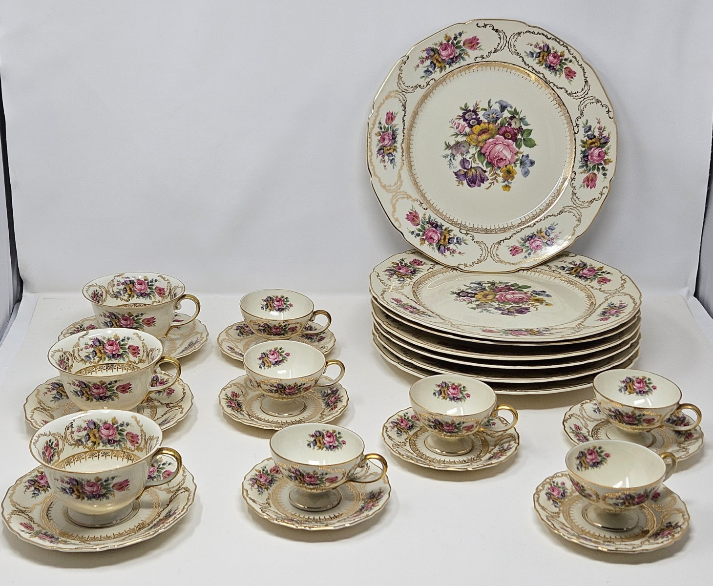 Antique CONTINENTAL IVORY Germany QUEENS BOUQUET Dinner Plates Tea Coffee Cups