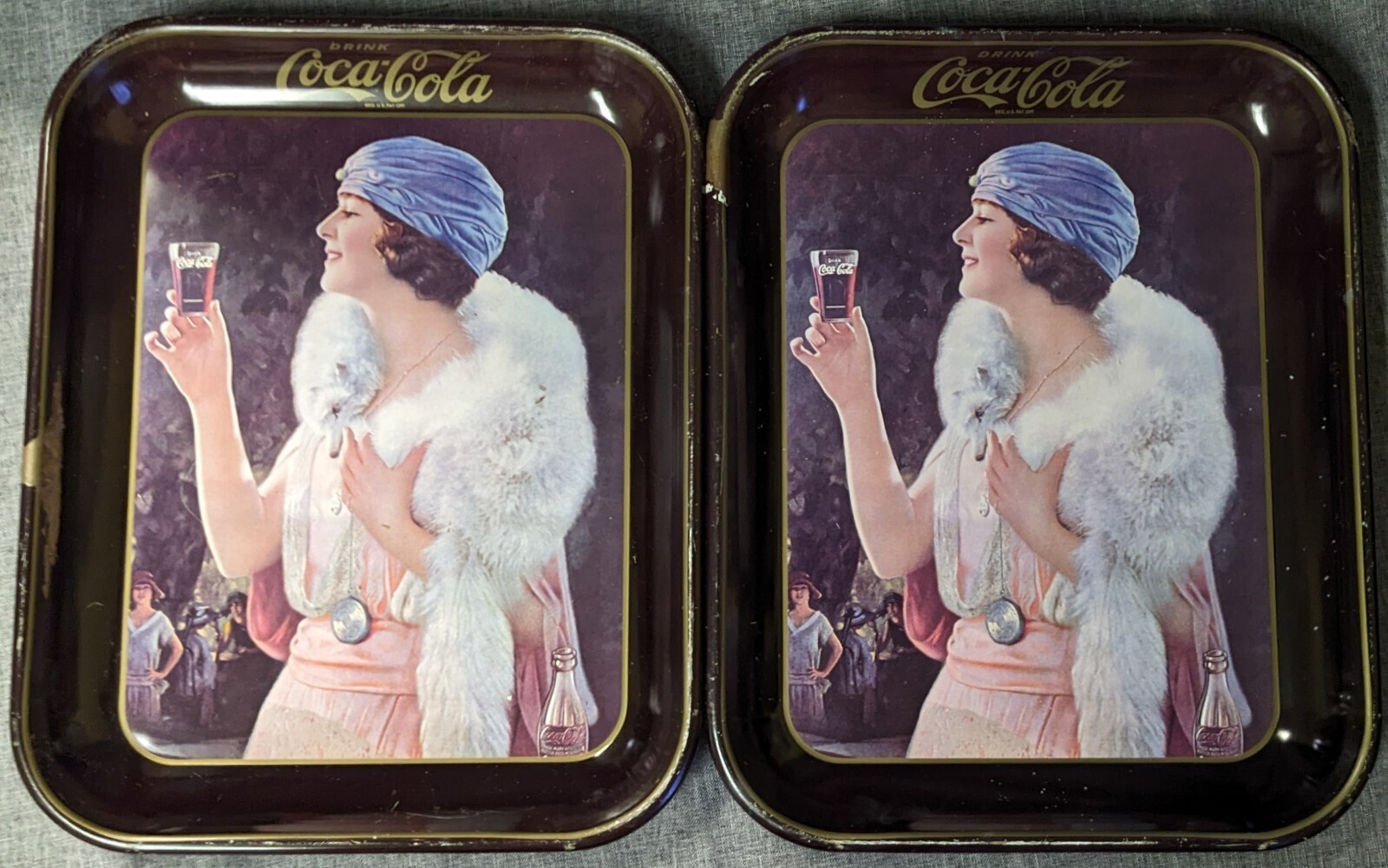 Pair Vintage 1970s Coca Cola Tin Serving Trays 1925 Flapper Girl with Fox Stole Pair Vintage 1970s Coca Cola Tin Serving Trays 1925 Flapper Girl with Fox Stole