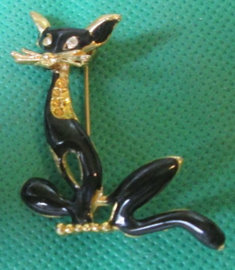 Vintage Kitty CAT black enamel goldtone with rhinestone eyes Brooch Pin 2\