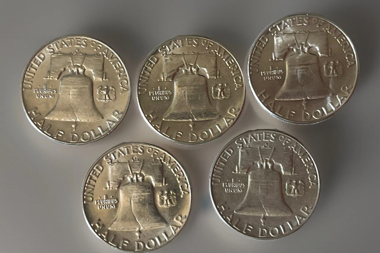5x Ben Franklin Half DolIars – 90% SiIver – lot of 5 – $2.50 Face Value