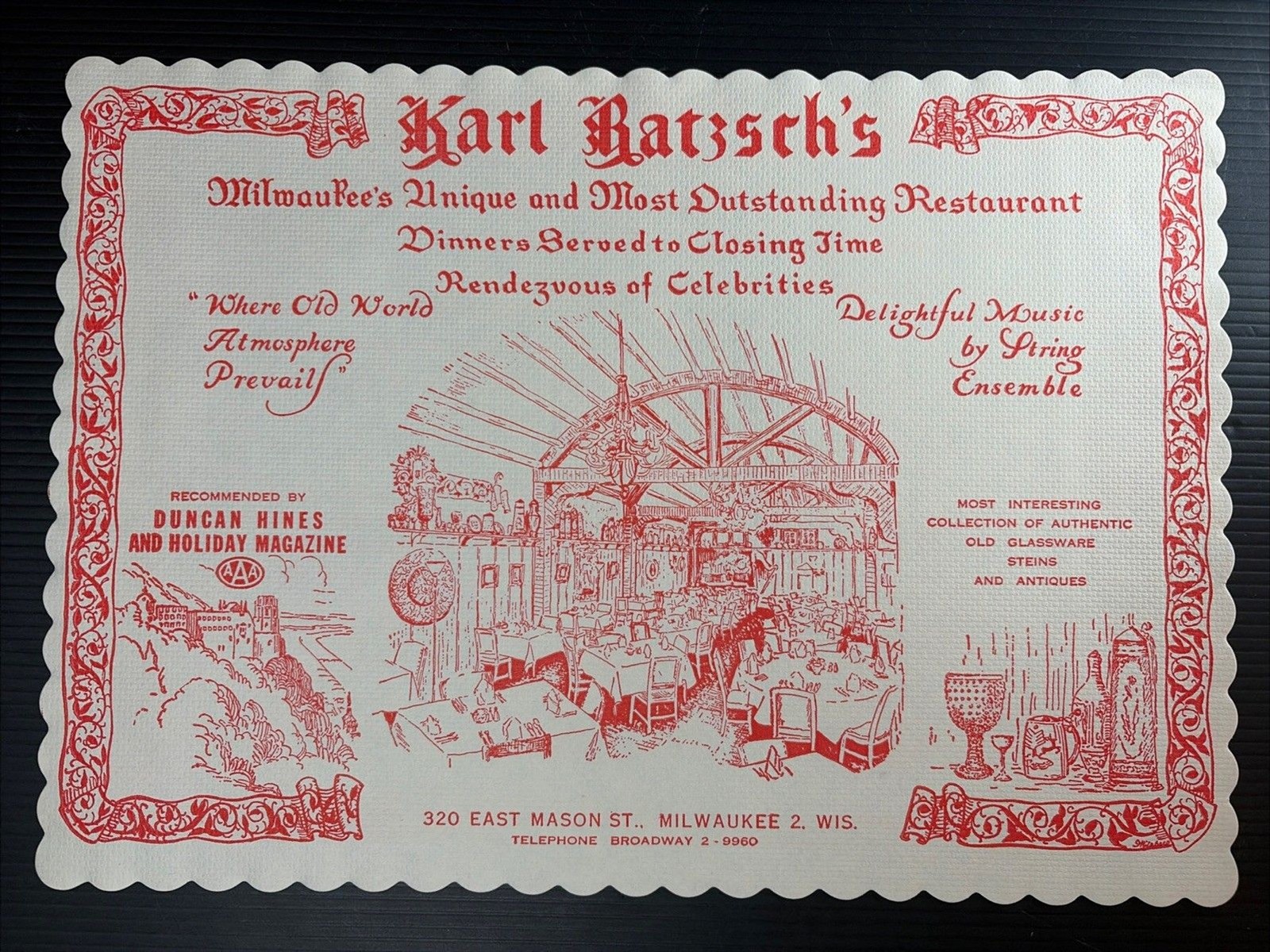 Vtg Karl Ratzsch's Milwaukee's  Restaurant WI Wisconsin 1950’s Paper Placemat