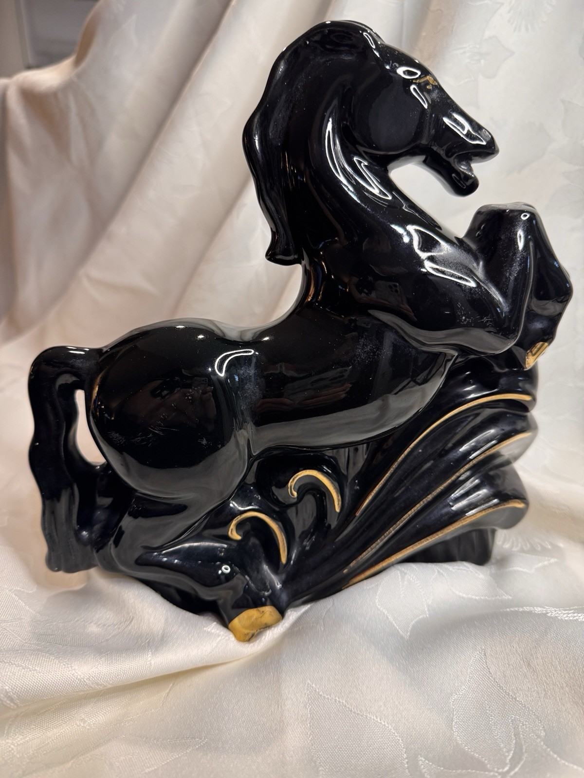 Vintage Pottery BLACK STALLION Horse Planter Art Deco Gold Trim  MCM