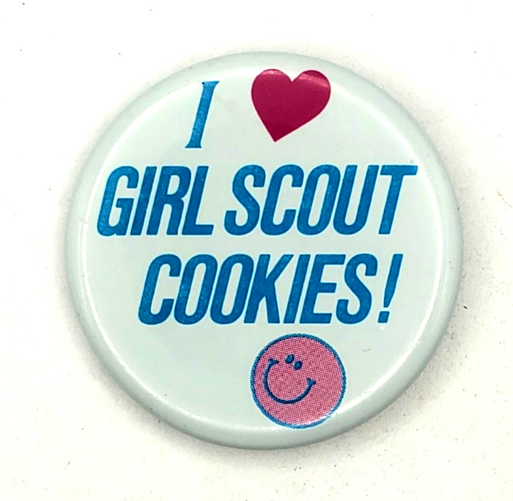 I Love Heart Girl Scout Cookies Metal Pinback Button w Happy Face