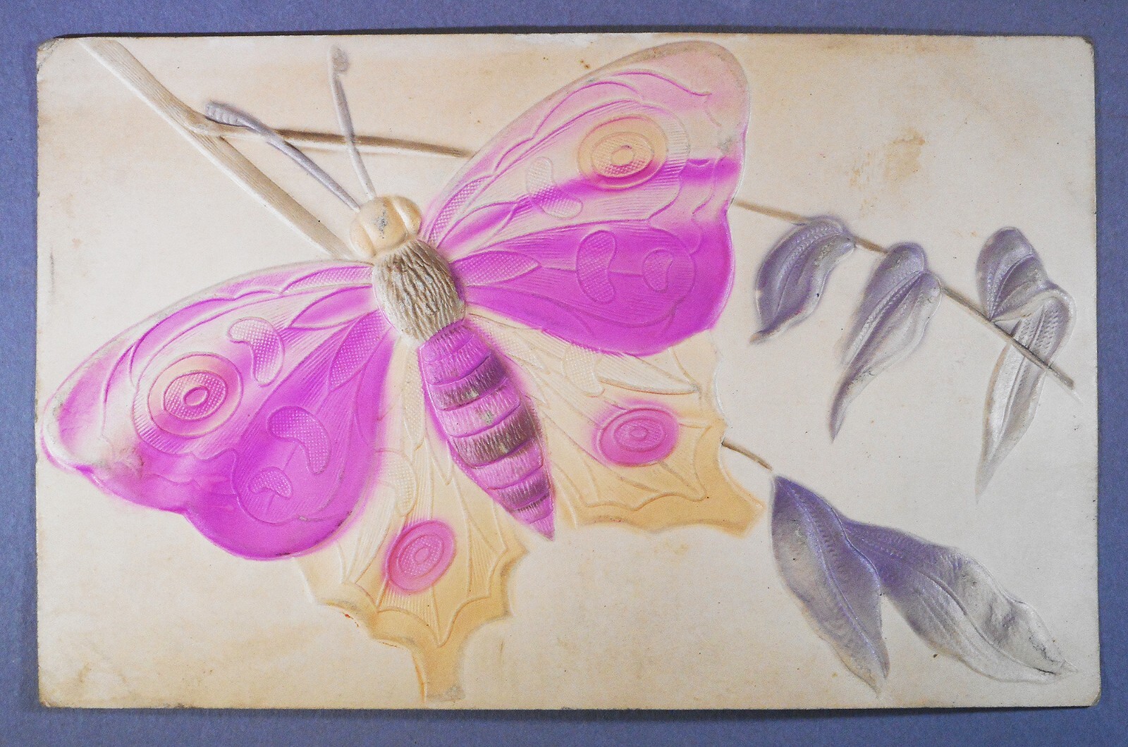 Vintage 1908 Large Vivid Pink Butterfly Embossed Postcard Airbrushed Antique