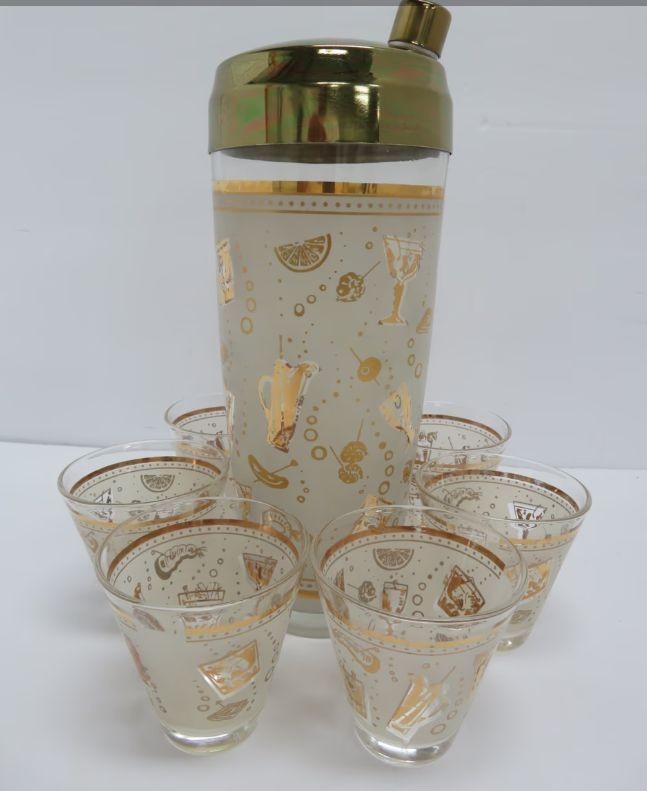 Vintage MCM Frosted Glass Cocktail Shaker Set 22K Gold Barware 6 Glasses 10