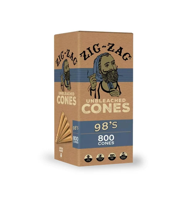 800 Zig-Zag 98\'s  Unbleached Pre Rolled Cones  Rolling Paper 98\'s Size Case