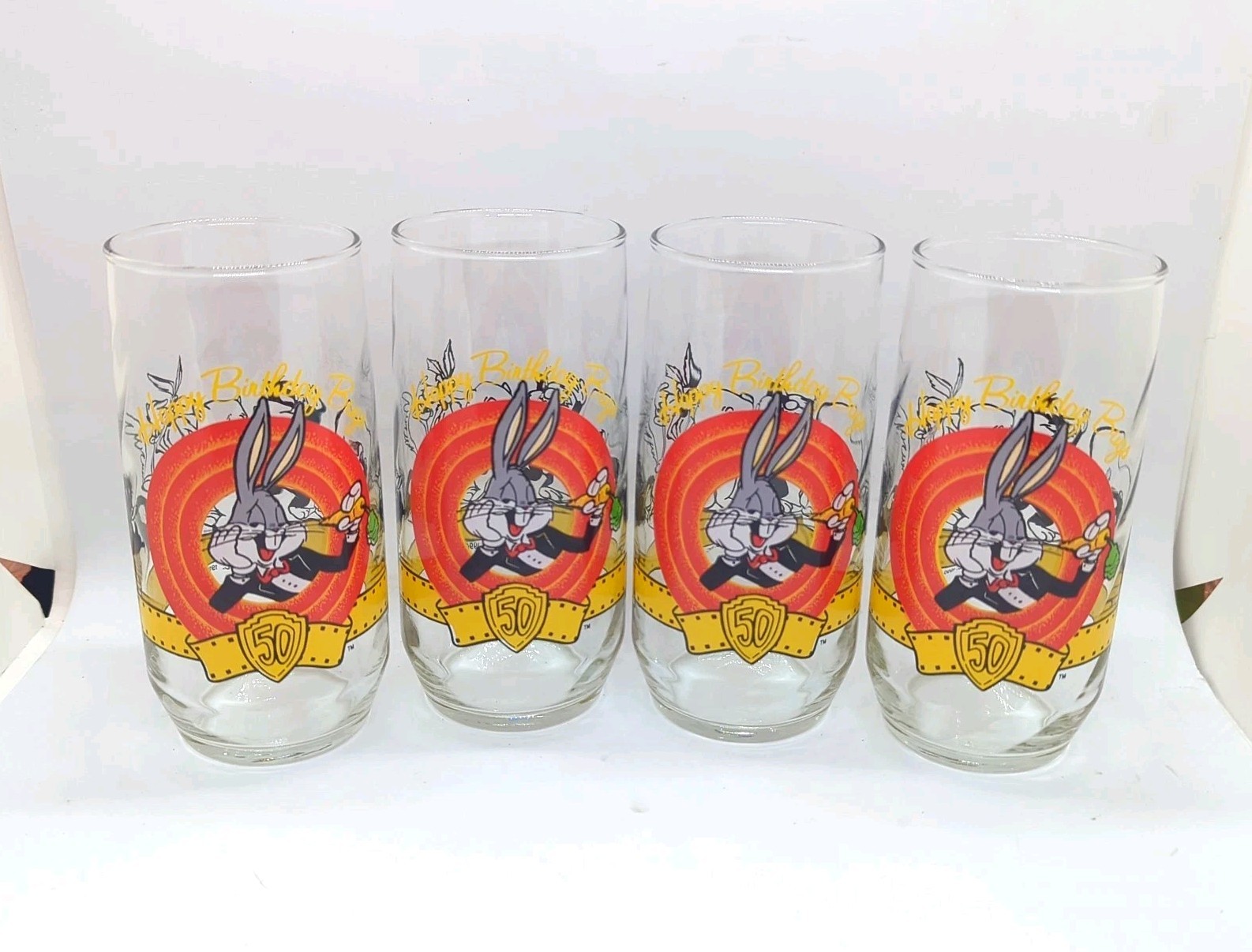 (4)Vintage Happy Birthday Bugs 50th Anniversary Warner Bros Looney Tunes Glasses