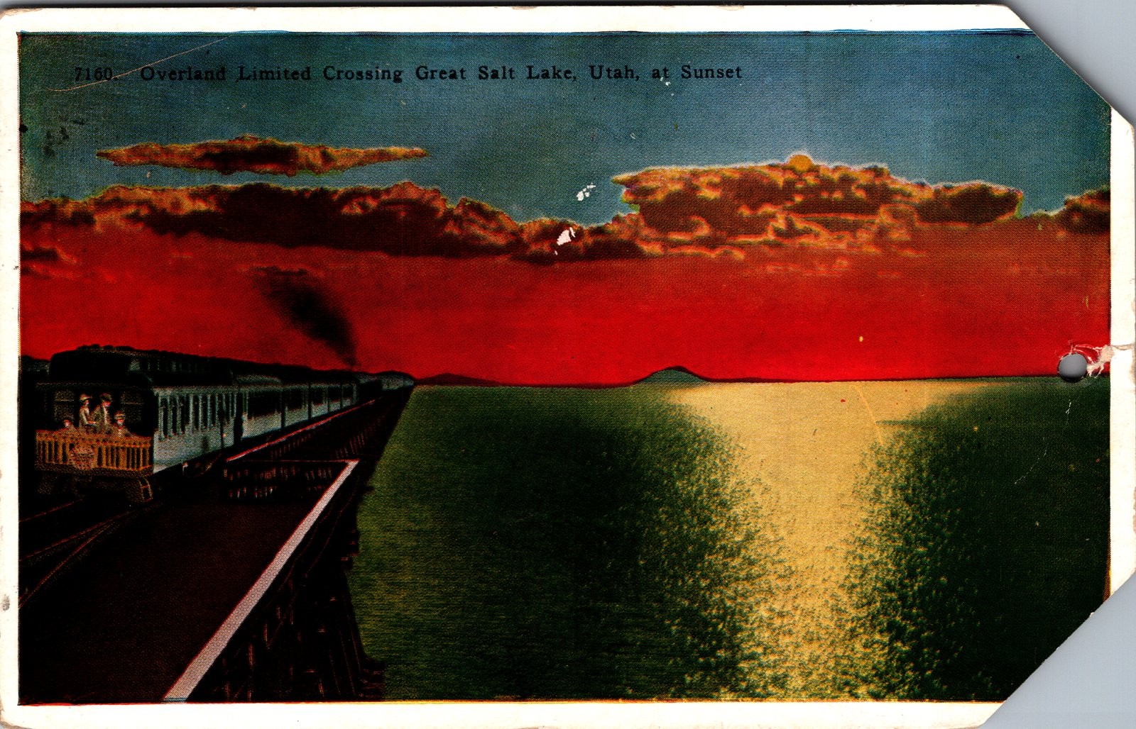 1933 Overland Limited Train Great Salt Lake Utah Sunset Postcard