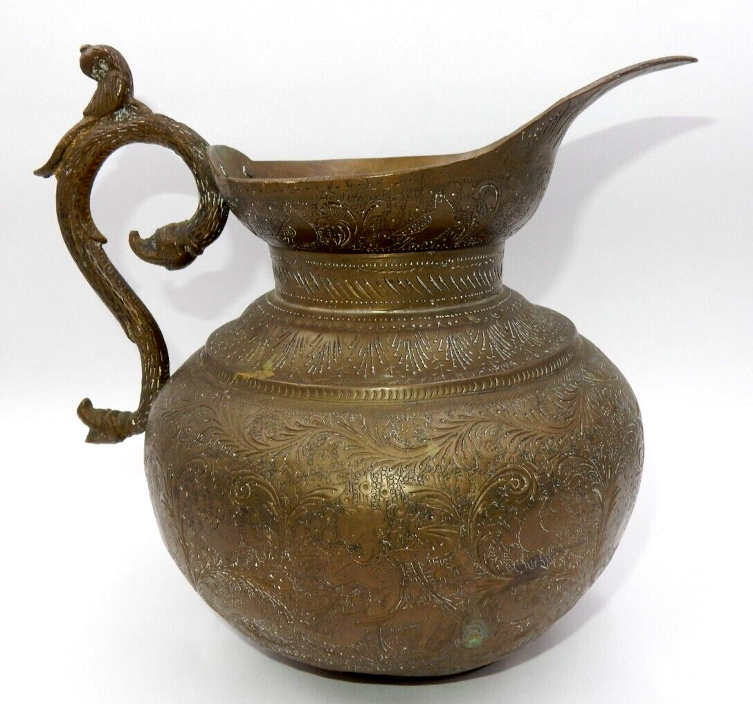 ANTIQUE 17TH CENTURY PEACOCK HANDLE SOLID BRONZE ORNAMENTAL PITCHER