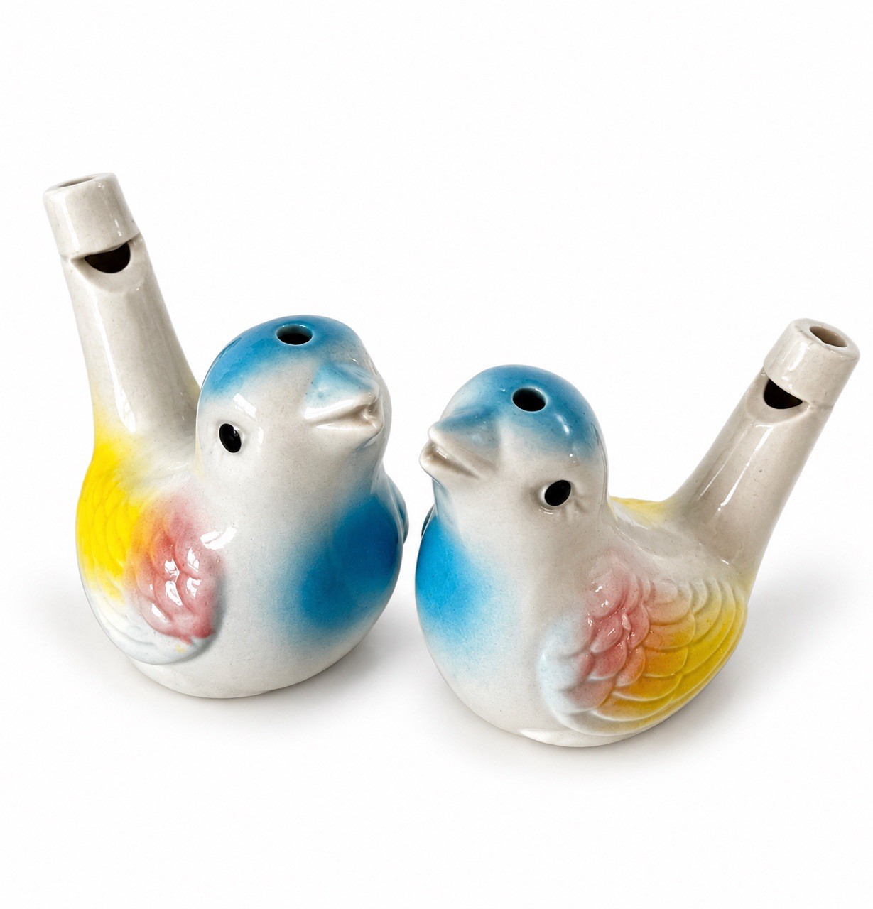 VTG Pair Ceramic Bird Water Whistles Pastel Pink Blue & Yellow, Water Warblers