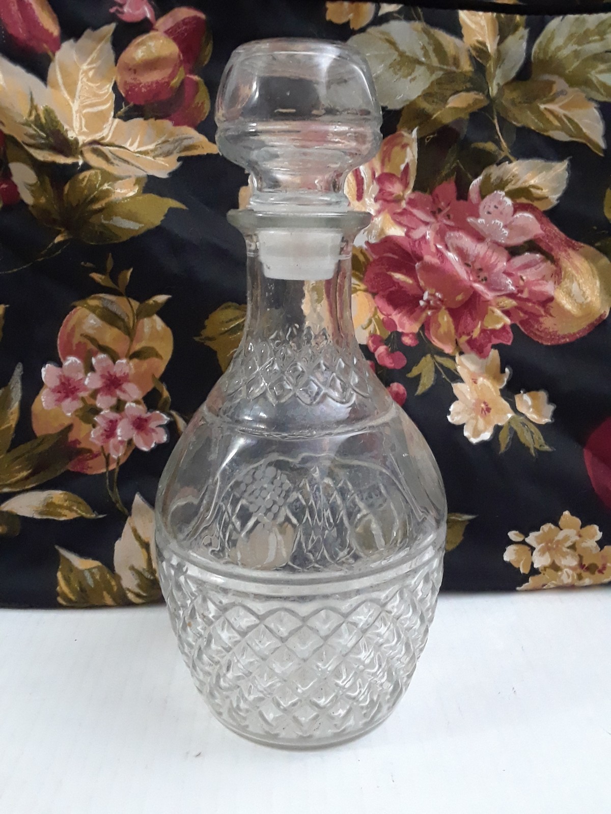 Vintage Pressed Glass Cut Crystal Decanter Wine Bottle With a Crown and Grapes