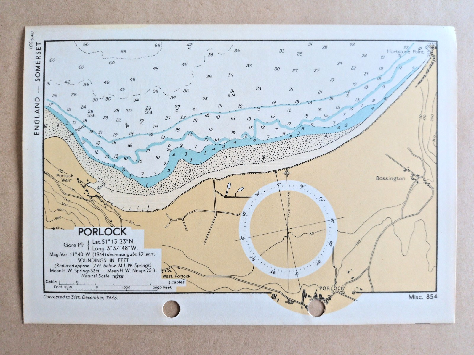 Porlock, Somerset - 1943 Vintage Admiralty Royal Navy Map (Seller Ref H9)