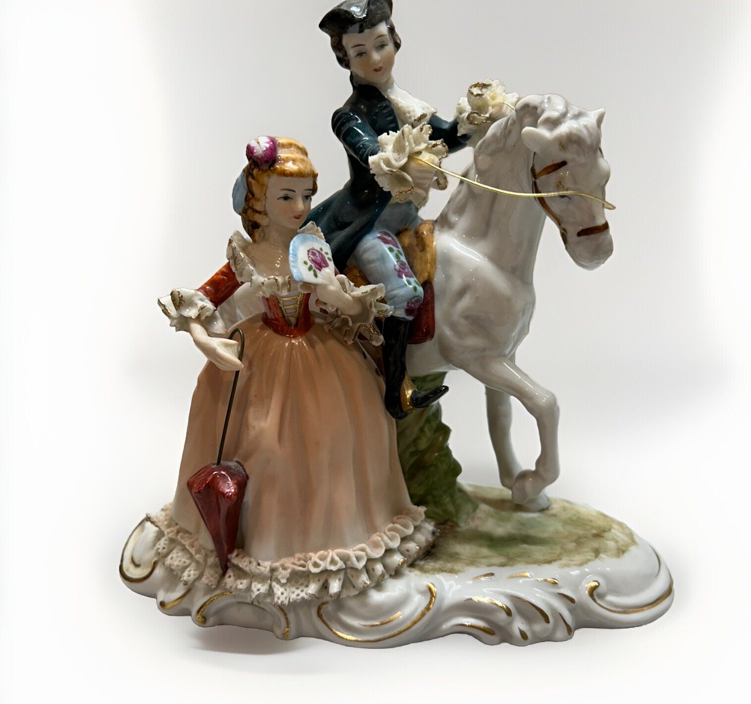Vintage KPM Lace Porcelain Figurine Man On Horseback Woman w/Umbrella & Fan