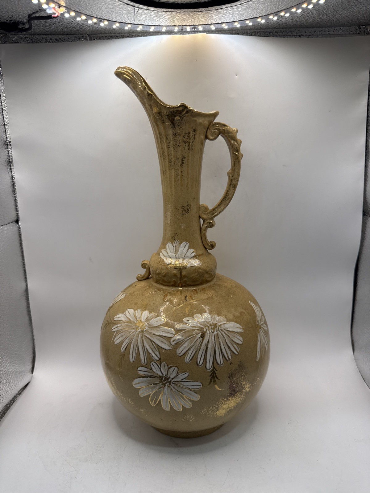 Antique 13.5” Porcelain Ewer Pitcher Hand Painted Daisy Floral Gold *