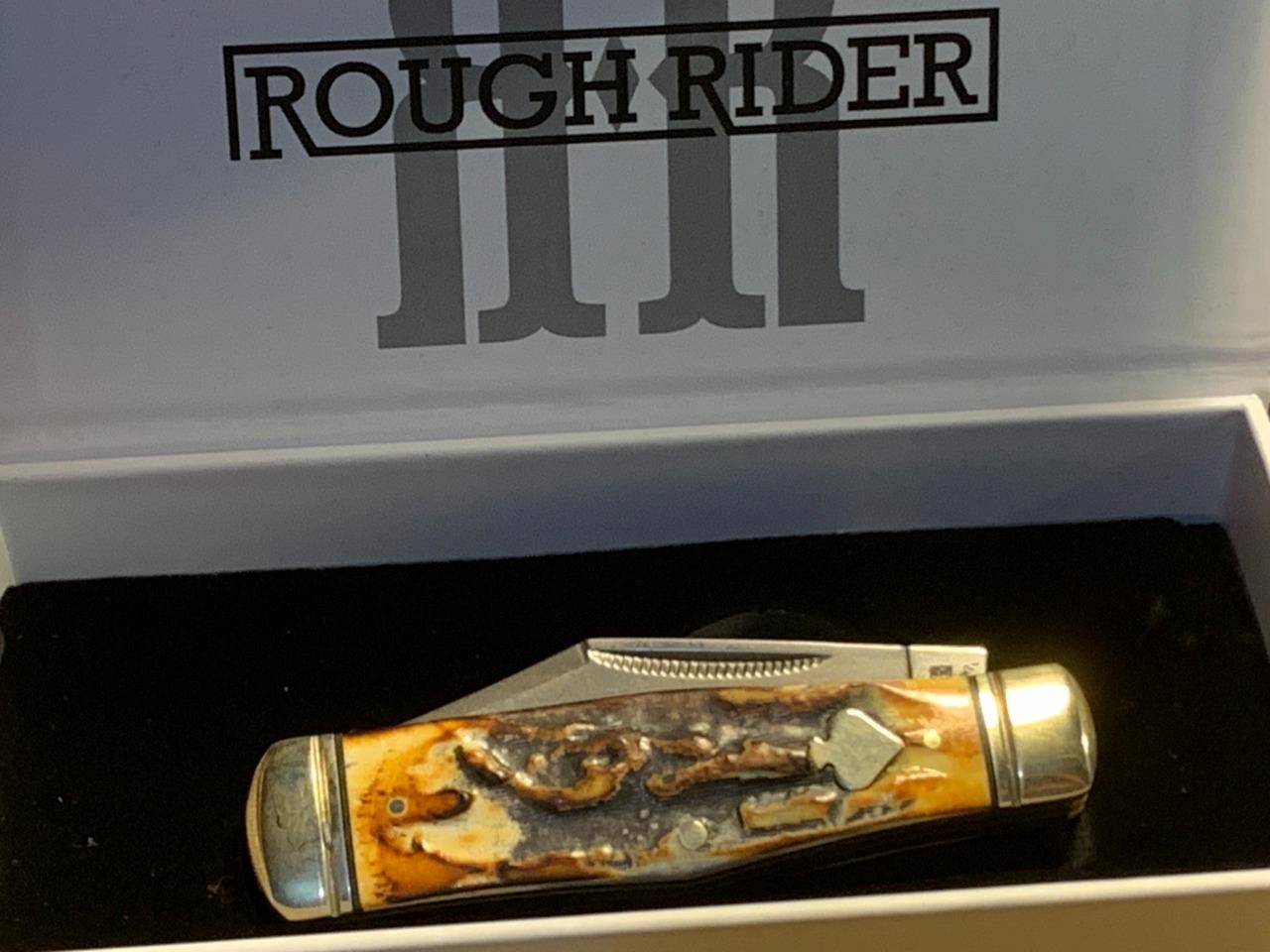 Rough Rider Cinnamon Bone Damascus Coke Bottle 3 5/8