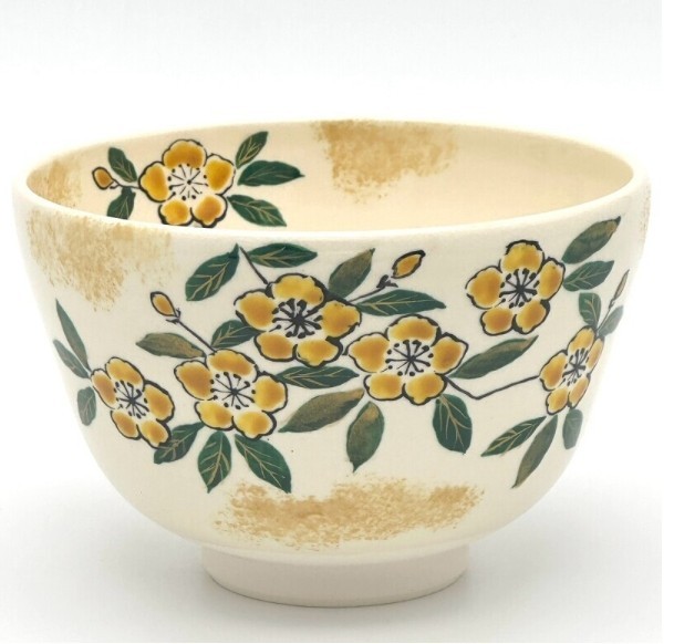 Kyo Kiyomizu yaki ware Japanese Matcha Tea bowl Chawan Yamabuki Hand-drawn Japan