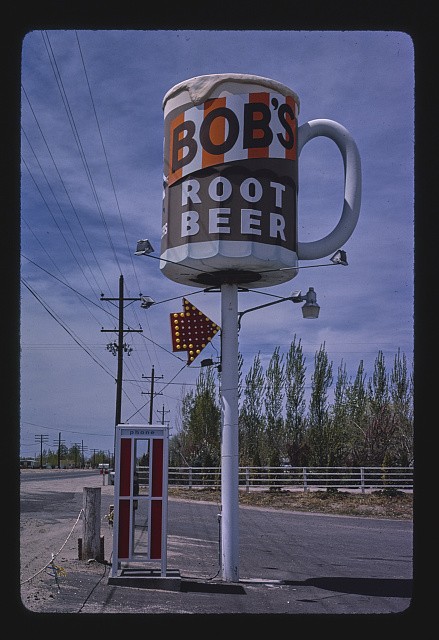 Photo:Fallon Nevada 1980 Bobs Root Beer Mug Sign Roadside Phone Booth