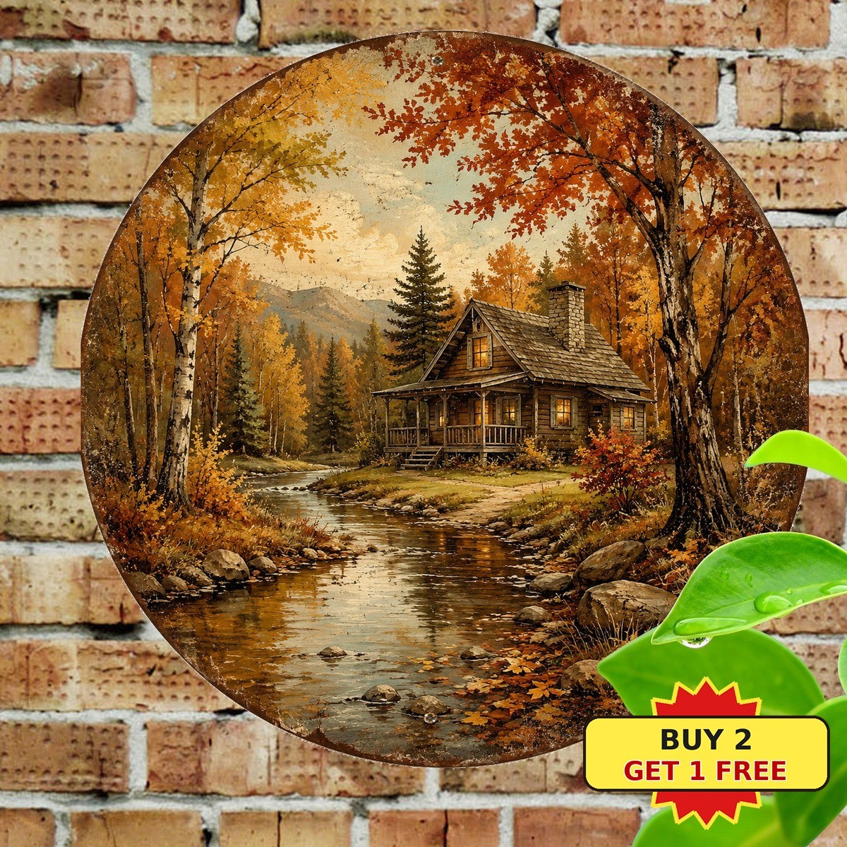 Autumn Landscape Cottage Scene Round Tin Sign Country Home Wall Decor