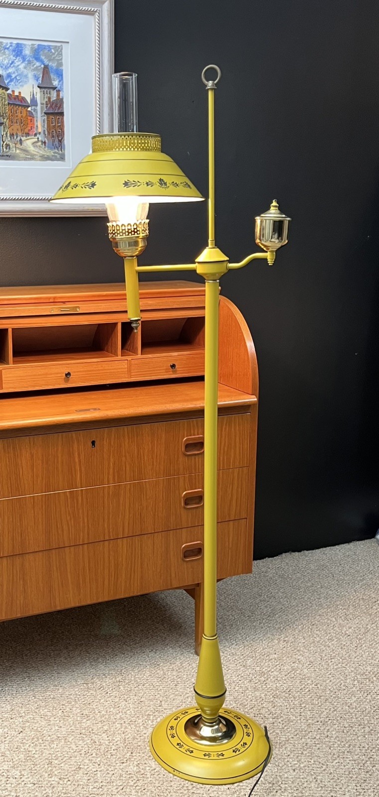 Vintage MCM Yellow Toleware Student Floor Lamp Colonial Hurricane Glass Shade 54