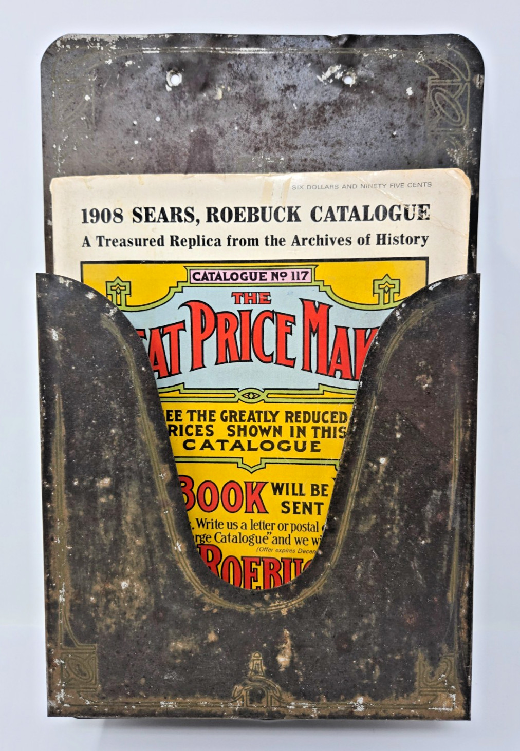 Antique Sears Roebuck & Co. Chicago Tin Advertising Wall Mount Caddy + Catalog