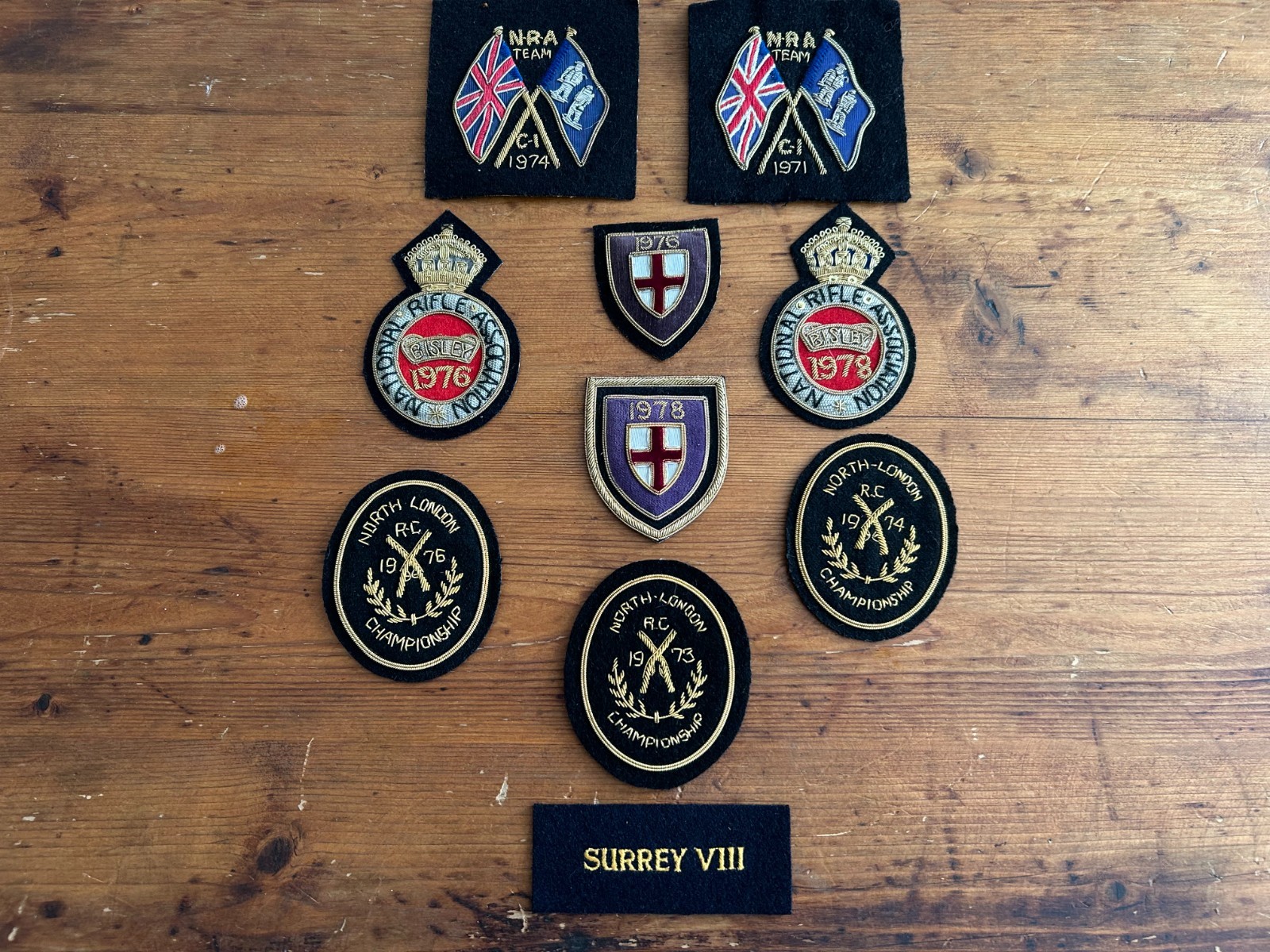 Collection 10 Vintage Cloth Bullion Gold Wire Rifle Shooting Association Badges Collection 10 Vintage Cloth Bullion Gold Wire Rifle Shooting Association Badges