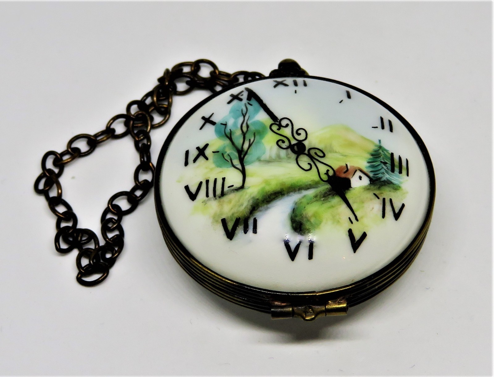 LIMOGES FRANCE BOX- ROCHARD -ANTIQUE POCKET WATCH & CHAIN- RURAL LANDSCAPE SCENE LIMOGES FRANCE BOX- ROCHARD -ANTIQUE POCKET WATCH & CHAIN- RURAL LANDSCAPE SCENE